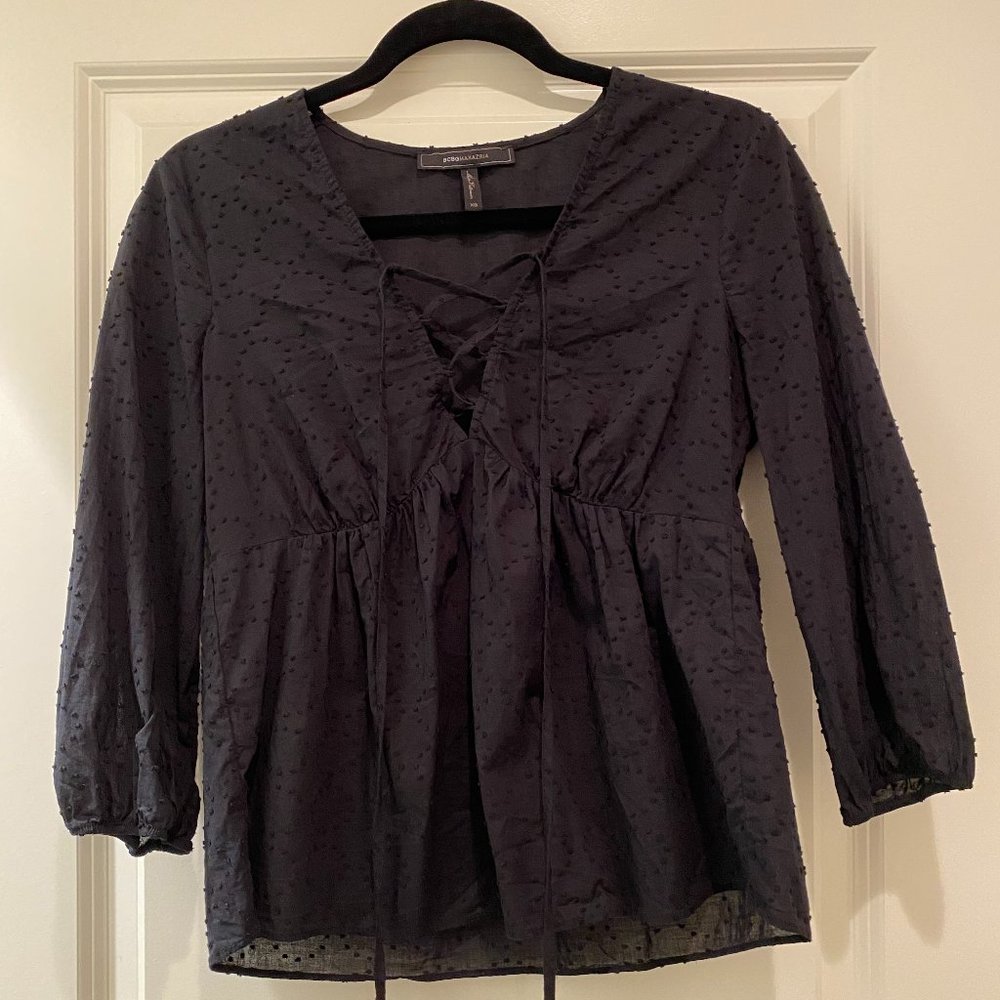 BCBGMaxAzria Lace-Up Swiss Dot Blouse